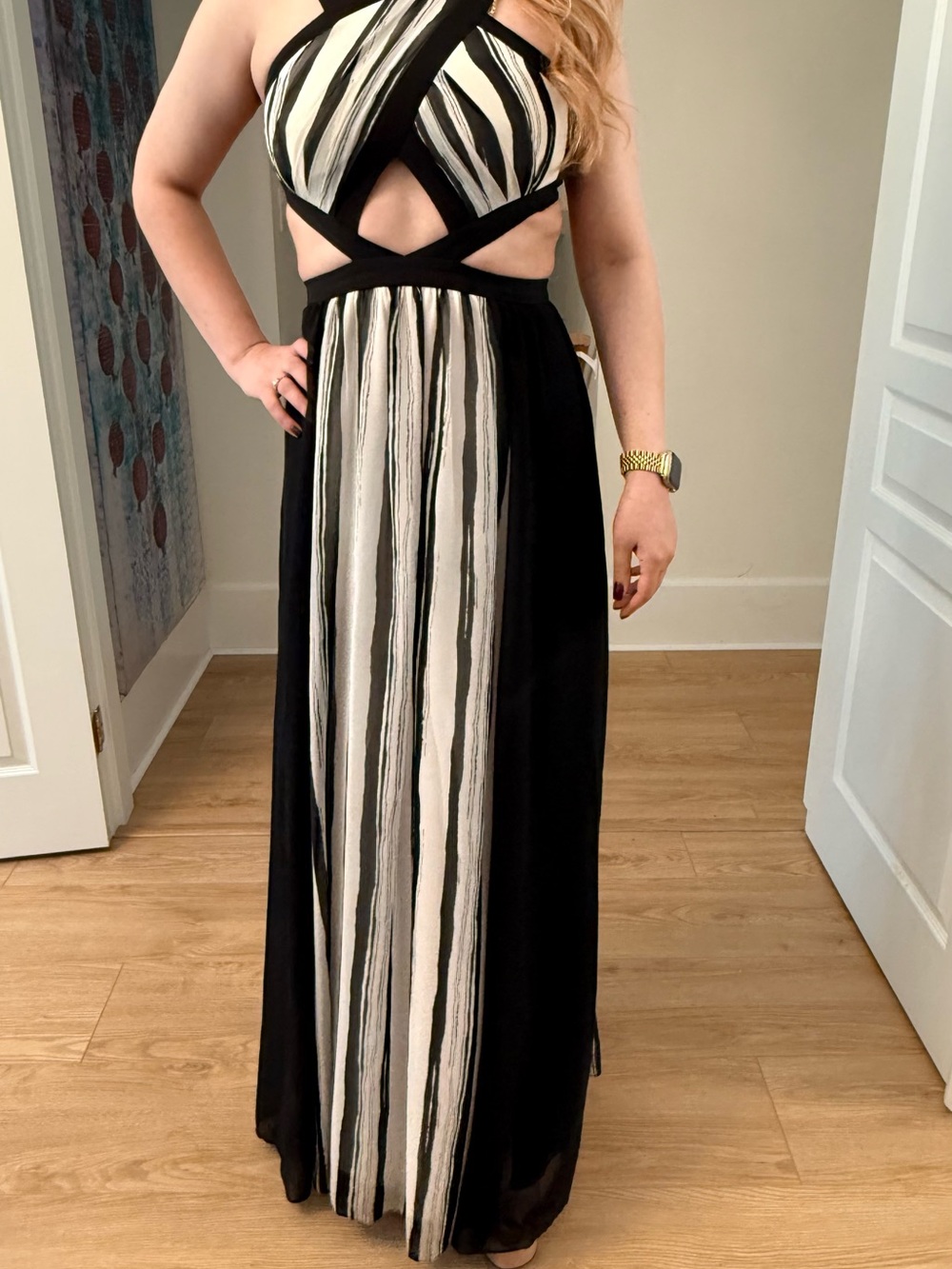 BCBGMaxAzria Black and White Striped Cutout Maxi Dress